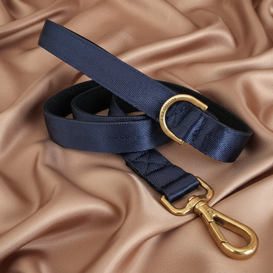 Navy blue dog leash with gold hardware