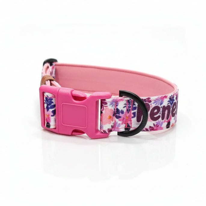 Floral Dog Collar with Neoprene Padding & Tactical Buckle – Optional personalised Name Plate