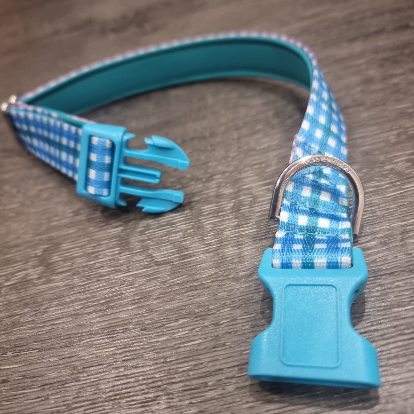 Blue and teal Gingham Dog Collar – Choose your buckle style