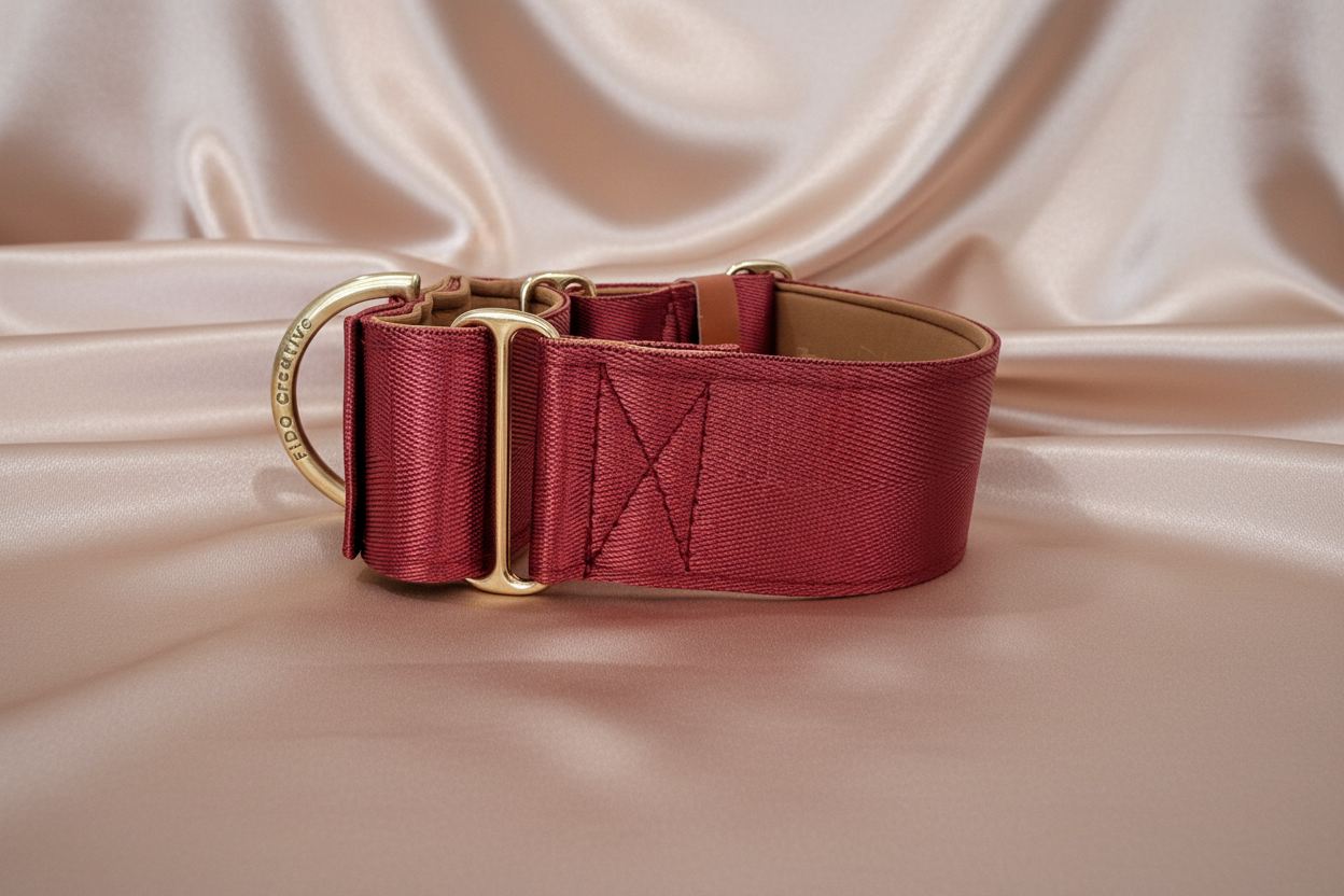 Red dog collar with gold hardware on a beige satin background