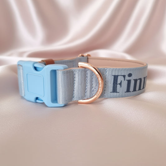 Light Blue Dog Collar with Neoprene Padding & Tactical Buckle ā Optional personalised Name