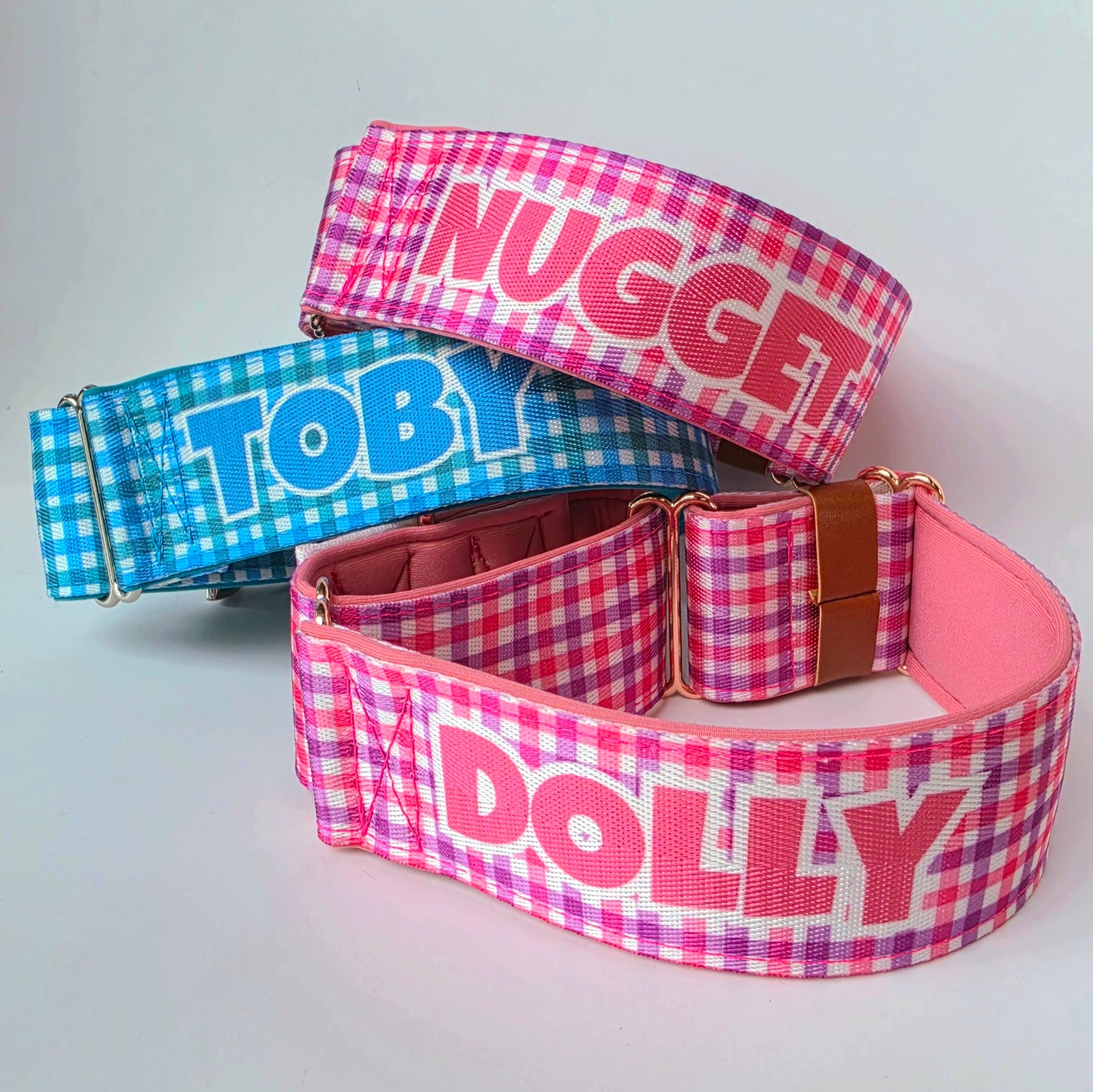 Personalised Martingale Collar - Blue & Green Gingham Neoprene Padded