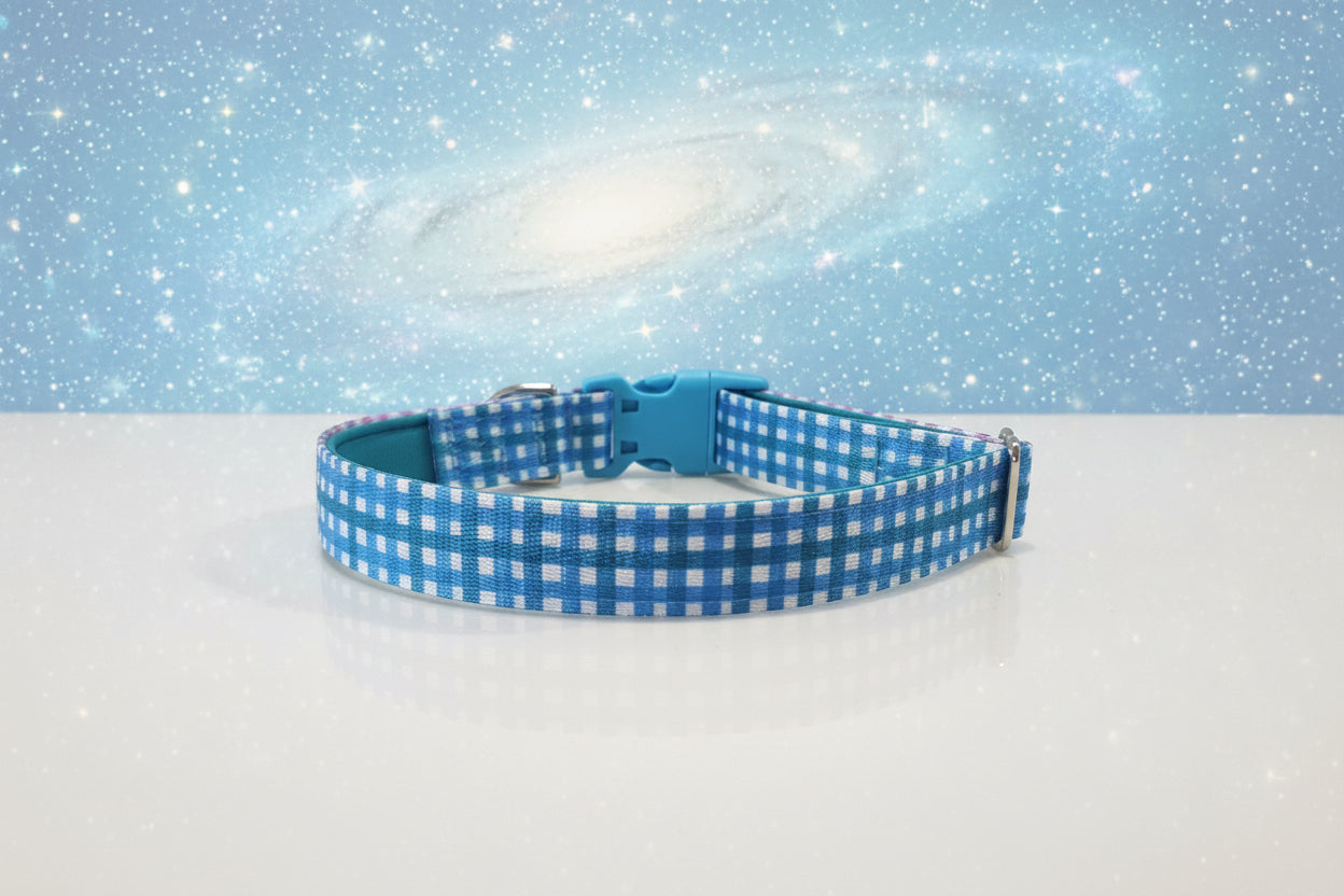 Blue and teal Gingham Dog Collar – Choose your buckle style