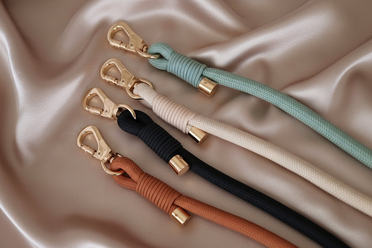 Set of four rope dog leashes in different colors with gold clips