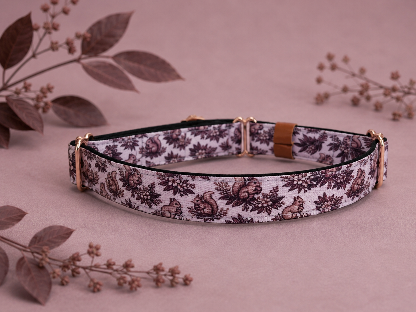 purple and rose gold martingale dog collar with cute squirrel pattern 