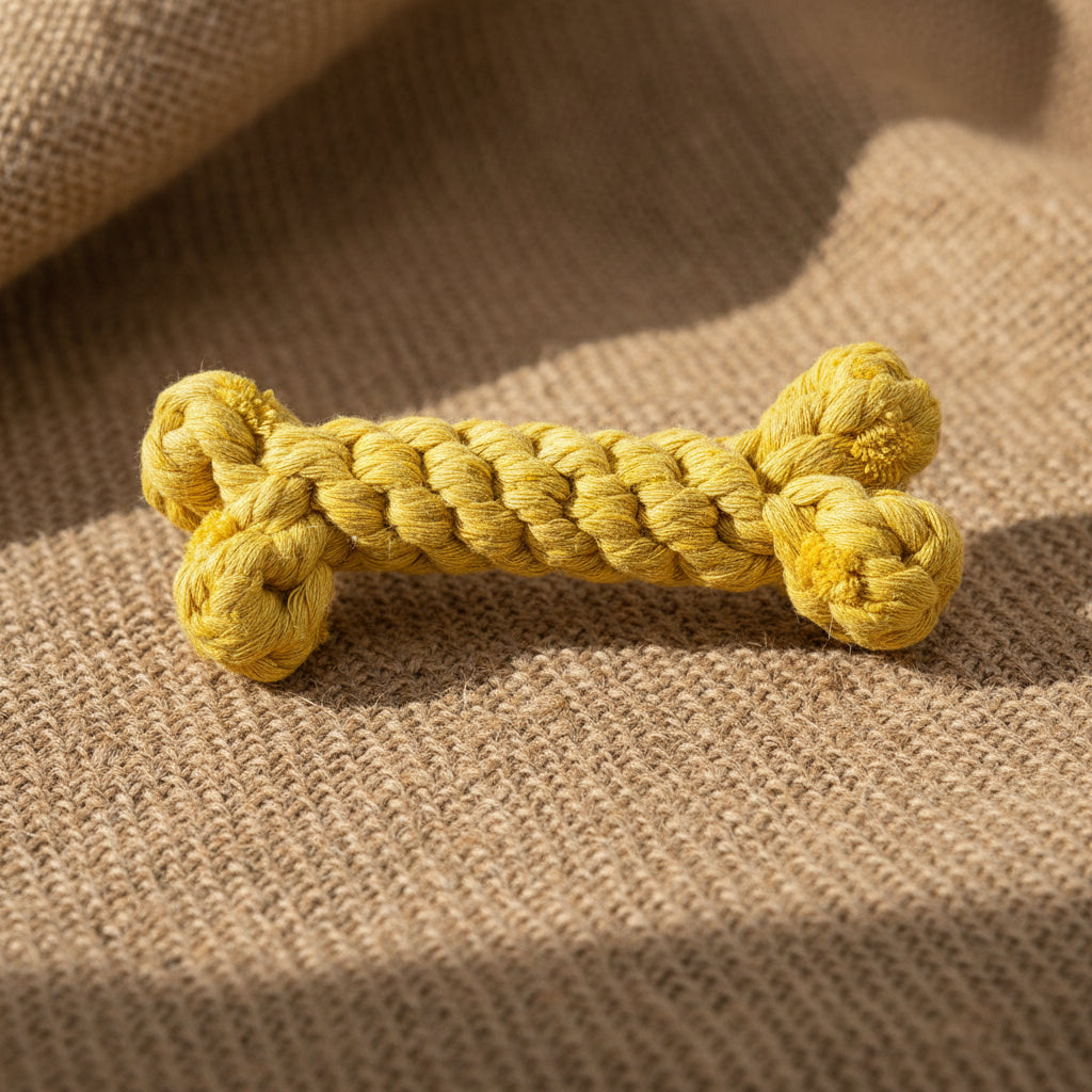 A yellow braided rope dog toy shaped like a bone