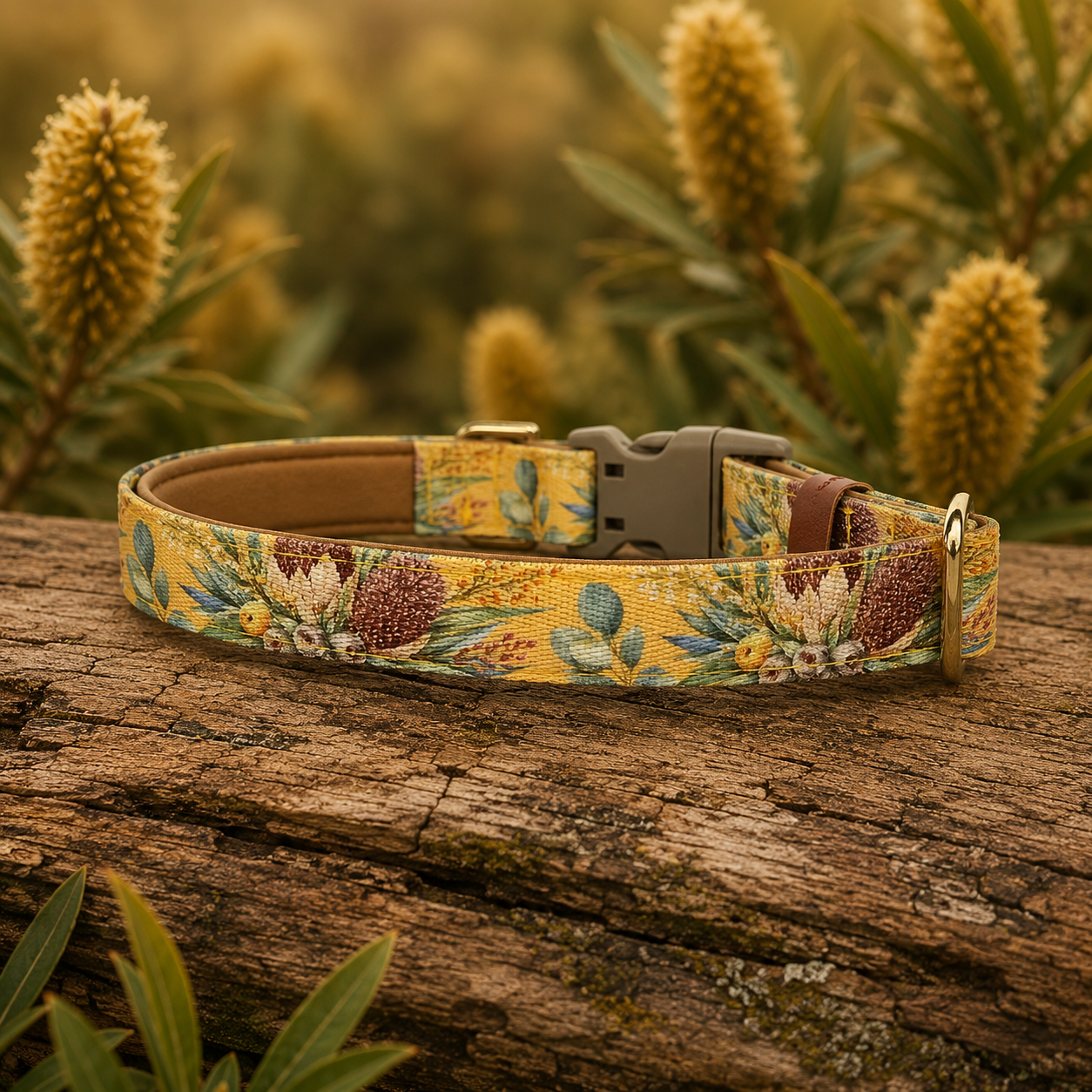 Mustard Banksia Dog Collar – Australian Native Floral Buckle Collar