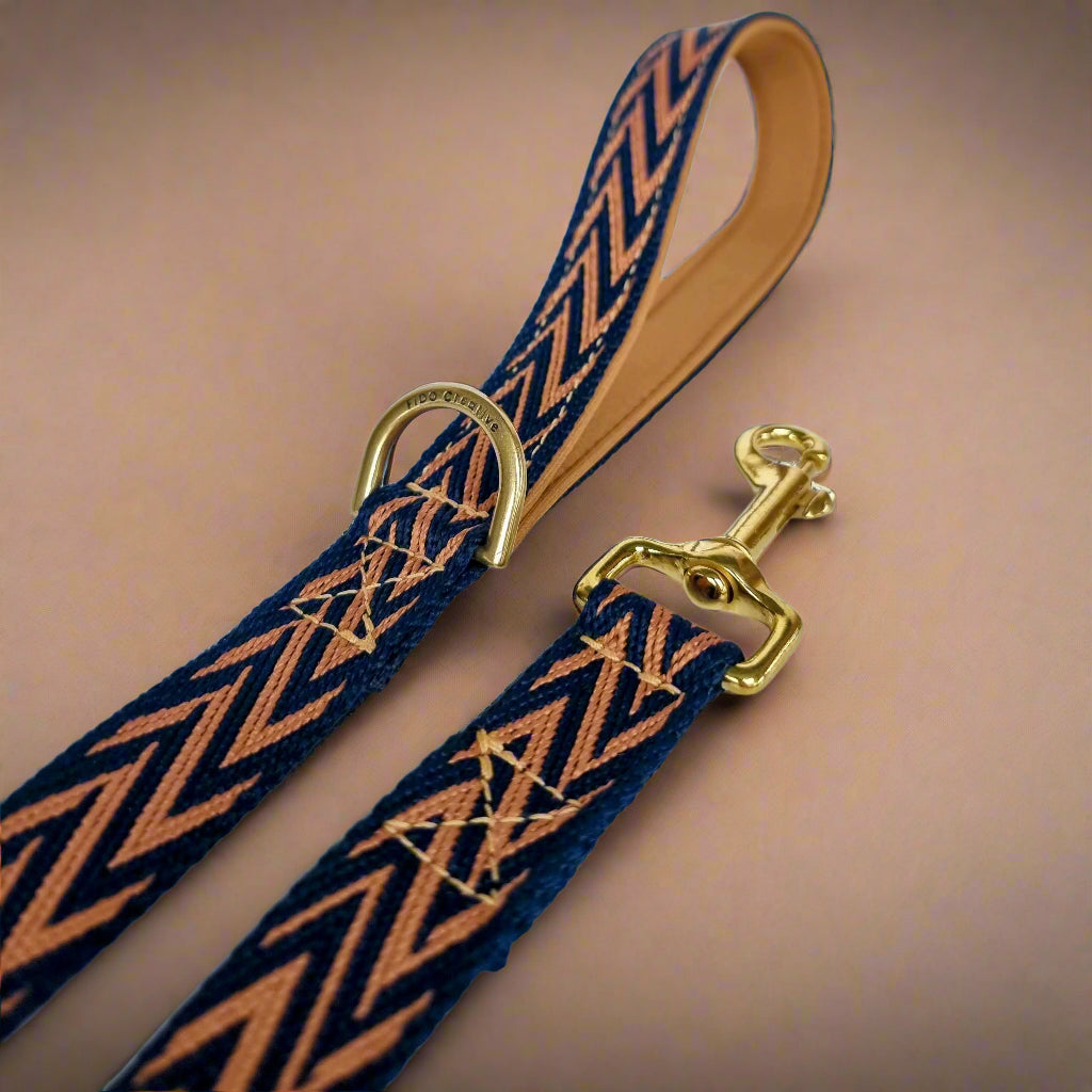Padded dog leash in Navy blue and tan with gold brass