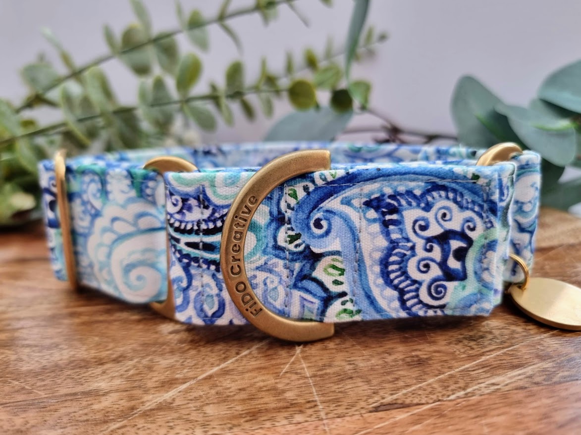 Blue Geo Flower martingale collar - Water resistant