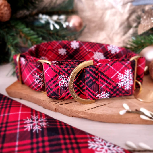 Christmas Check Martingale Collar | Red and Black Tartan Dog Collar | Plaid | Snowflake | Festive dog accessories | Greyhound | Whippet