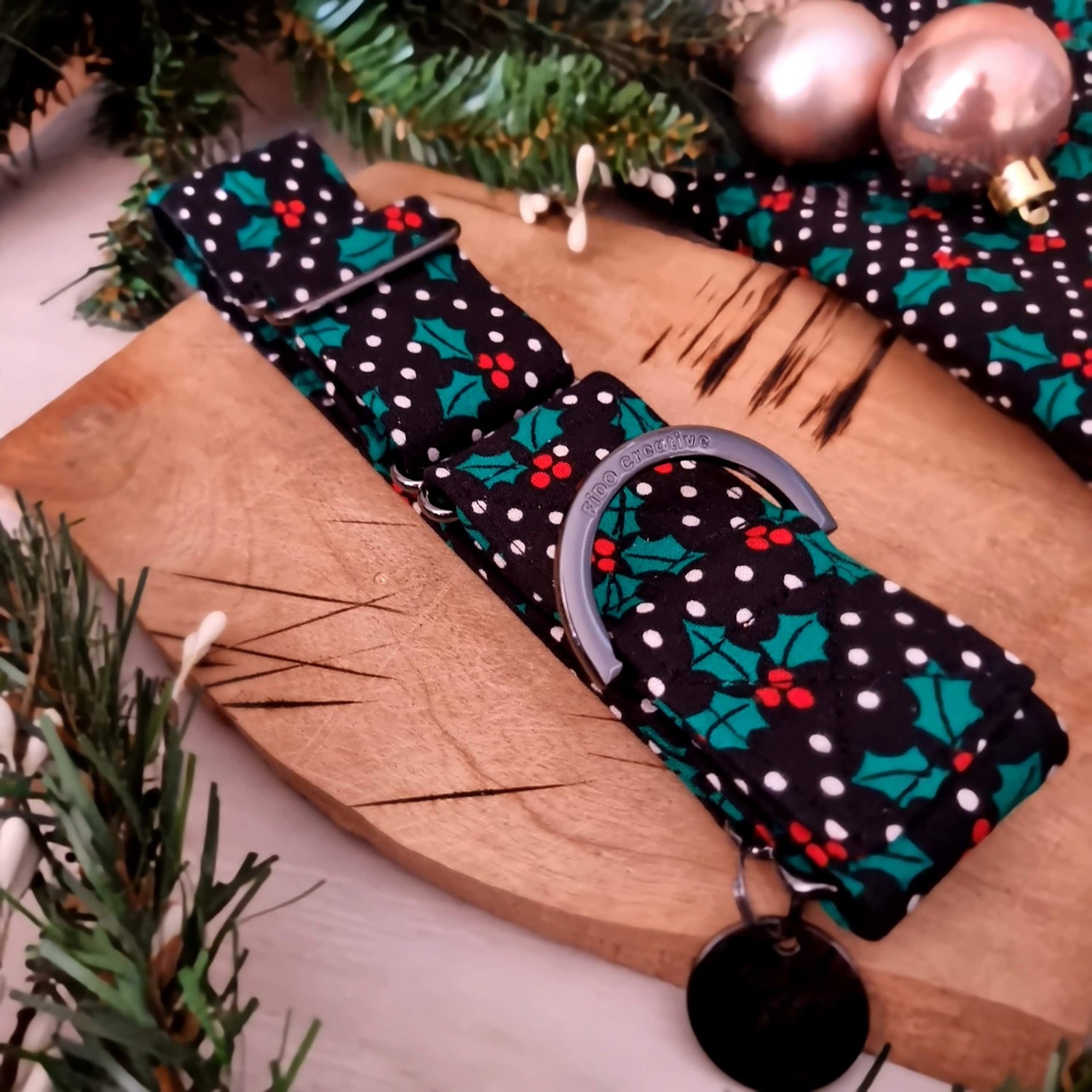 Black Christmas Holly Martingale Collar | XMAS Dog Collar | Spot | Dotty | Festive dog accessories | Greyhound | Whippet
